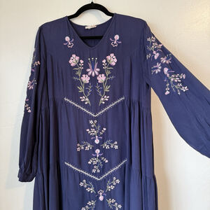 Orange Creek Long Sleeve Floral Embroidered Boho Style Maxi Dress Navy Blue LG